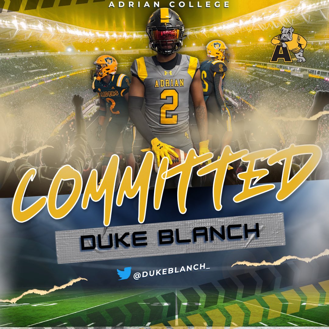 Dezmon Blanch (@dukeblanch_) on Twitter photo I am beyond blessed to announce my commitment to <a href="/AdrianCollegeFB/">Adrian College Football</a>! Thank you to everyone who helped me reach the next level. New home!🟡⚫️<a href="/Coach_Shiels/">Ron Shiels</a> <a href="/ReimSean/">Sean Reim</a> <a href="/Coach_Palka/">Joe Palka</a> <a href="/Coach_Ty_Palka/">Tyler Palka</a> I am beyond blessed to announce my commitment to <a href="/AdrianCollegeFB/">Adrian College Football</a>! Thank you to everyone who helped me reach the next level. New home!🟡⚫️<a href="/Coach_Shiels/">Ron Shiels</a> <a href="/ReimSean/">Sean Reim</a> <a href="/Coach_Palka/">Joe Palka</a> <a href="/Coach_Ty_Palka/">Tyler Palka</a>
