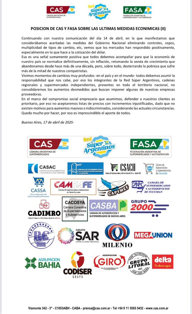 FinanzasArgy's tweet photo. Supermercados apoyan las medidas económicas del Gobierno, destacan el fin de controles y avisan que no convalidarán aumentos injustificados

Piden aprovechar esta etapa para estabilizar la economía, sin inflación, retomando el sendero de crecimiento abandonado hace más de 10 años https://t.co/N74FGJM4Th