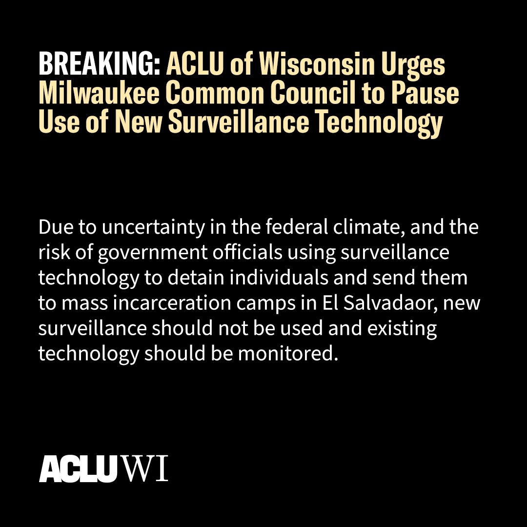We sent a letter to the Milwaukee Common Council today, asking them to stop acquiring new surveillance technology and regulate existing surveillance technology to keep Milwaukeeans safe. 

Read the letter here: 
aclu-wi.org/en/press-relea…