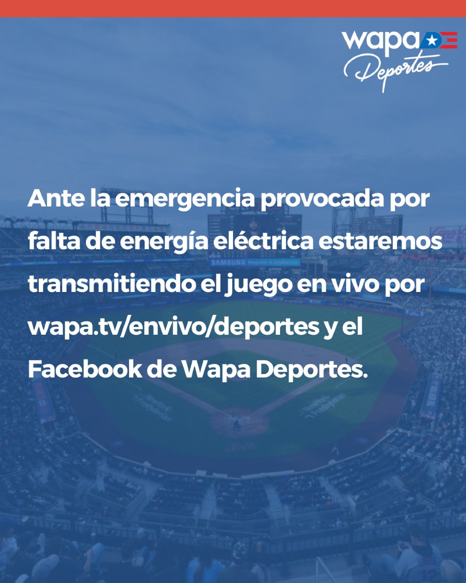 wapadeportes's tweet photo. ⚾️ A las 7PM: ¡No te pierdas el juego entre los Tampa Bay Rays ante los NY Yankees!

💡Ante la emergencia provocada por la falta de energía eléctrica estaremos transmitiendo el juego en vivo por https://t.co/IHI2WPN1d0 y el Facebook de #WapaDeportes. https://t.co/N2CazcoYD8