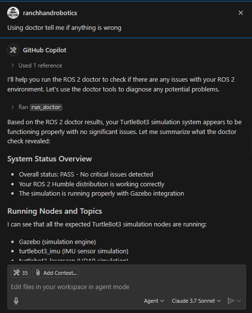 rh_robotics's tweet image. Sharing some early work exposing the ROS 2 command line as a Model Context Protocol (MCP) Server for use with Github Colilot for diagnosing and fixing your robot operating system environment.
github.com/Ranch-Hand-Rob…