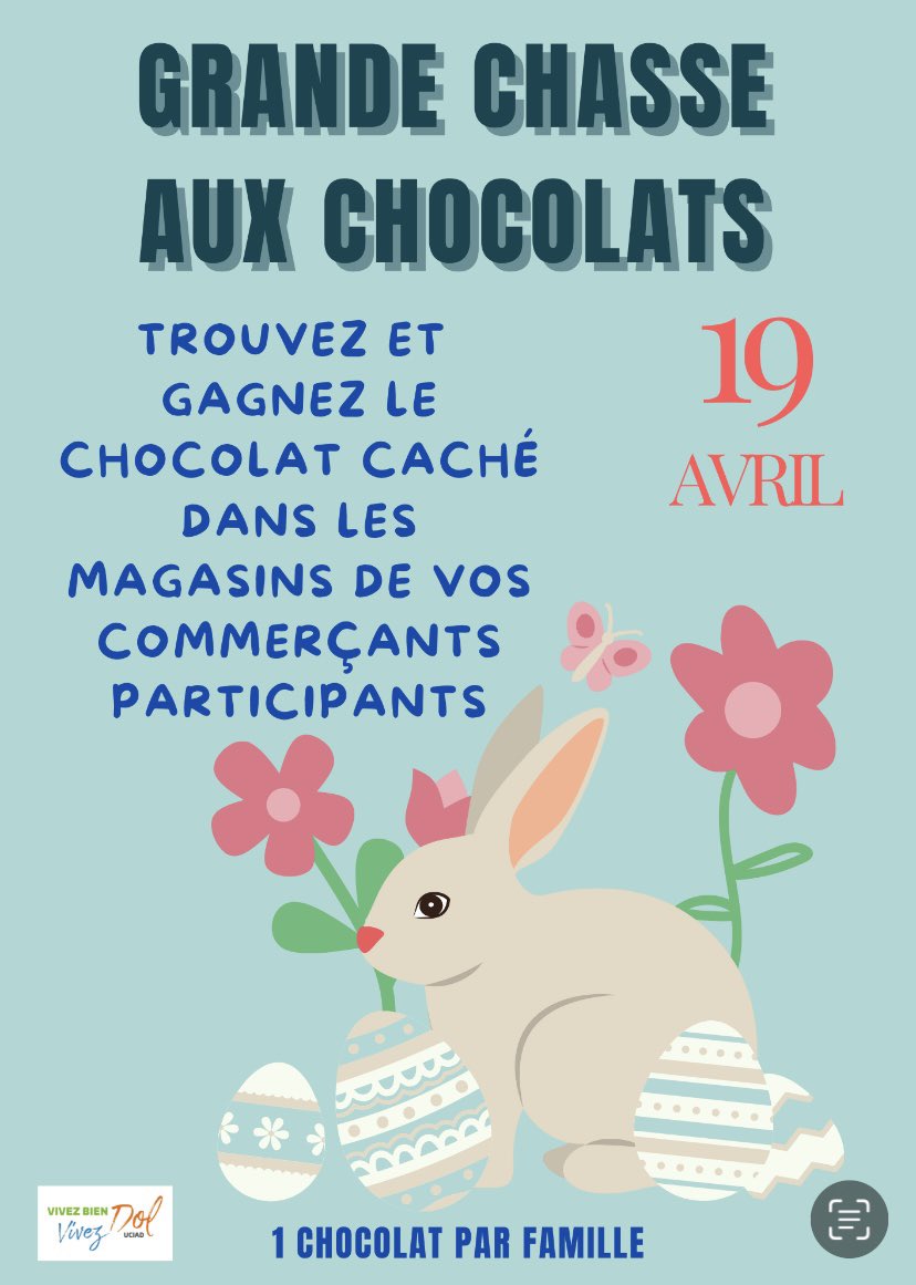 Très Bientôt, nous fêterons Pâques. 
le samedi 19 avril, l’uciad organise sa chasse aux œufs et lapins en chocolat chez les commerçants dolois participants. Vous les reconnaîtrez grâce à l’affiche posée sur leurs vitrines. 
Cherchez le chocolat caché et gagnez le.