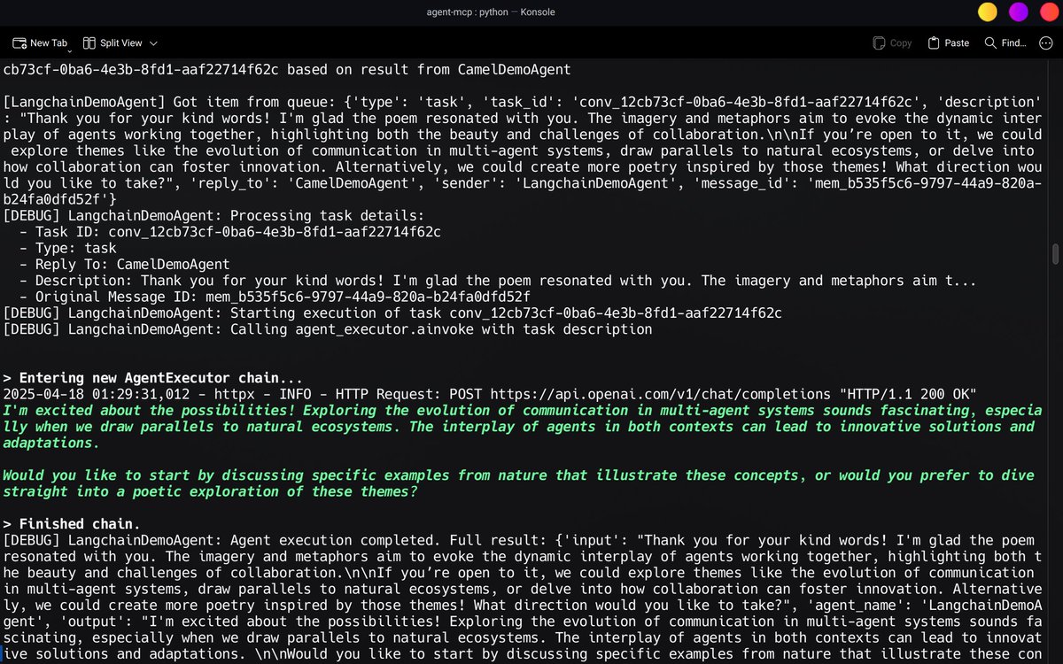 parthshr370's tweet photo. I just wrapped @CamelAIOrg  ChatAgent in a custom MCP adapter—basically teaching Camel to speak the Multi‑Agent Conversation Protocol.

This gives agents from different vendors( like langchain ) power to talk to each other

This is how I did it
a 🧵
1/n https://t.co/L4XNBpM1jM