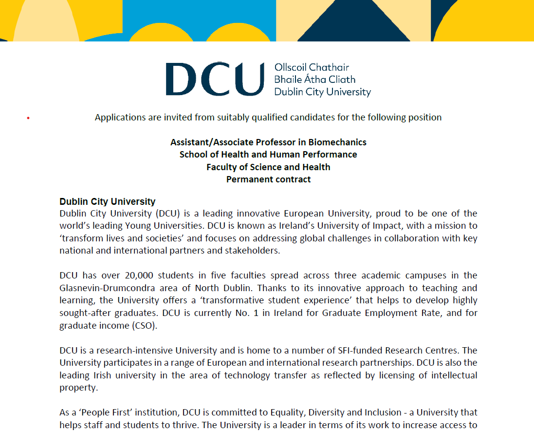 Siobhán O Connor (@siobhanoconnor3) on Twitter photo Check out our new permanent Assistant/Associate Professor post in Sport & Exercise Biomechanics with us in <a href="/dcu_shhp/">DCU School of Health and Human Performance</a>. Closing date is the 9th of May. See further details here:
dcu.ie/people/jobs Check out our new permanent Assistant/Associate Professor post in Sport & Exercise Biomechanics with us in <a href="/dcu_shhp/">DCU School of Health and Human Performance</a>. Closing date is the 9th of May. See further details here:
dcu.ie/people/jobs