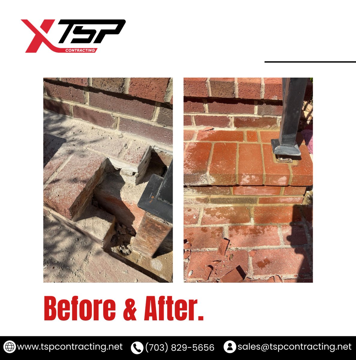 tspremodeling's tweet image. 🧱 Brick by Brick – We Make It Right!

From crumbling corners to a clean, solid finish.
✨ Quality craftsmanship. Reliable results. 

Call us now (703) 829 - 5656. 📞

#BrickRepair #BeforeAndAfter #MasonryWork #HomeImprovement #TSPContracting