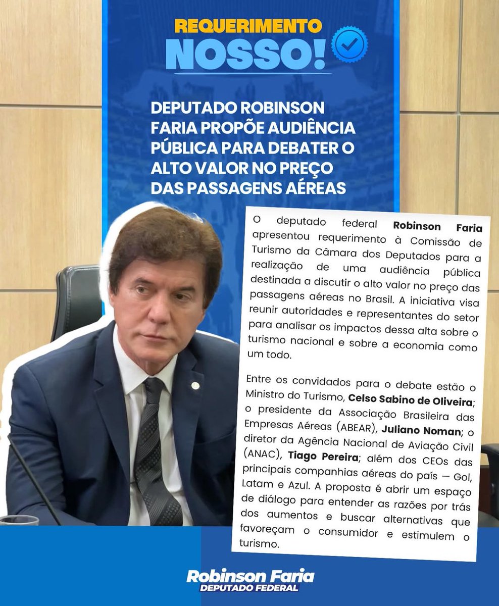 Propus a realização de uma audiência pública na Comissão de Turismo para debater o alto valor das passagens aéreas no Brasil. Vamos buscar soluções para garantir preços mais justos e impulsionar o turismo nacional!