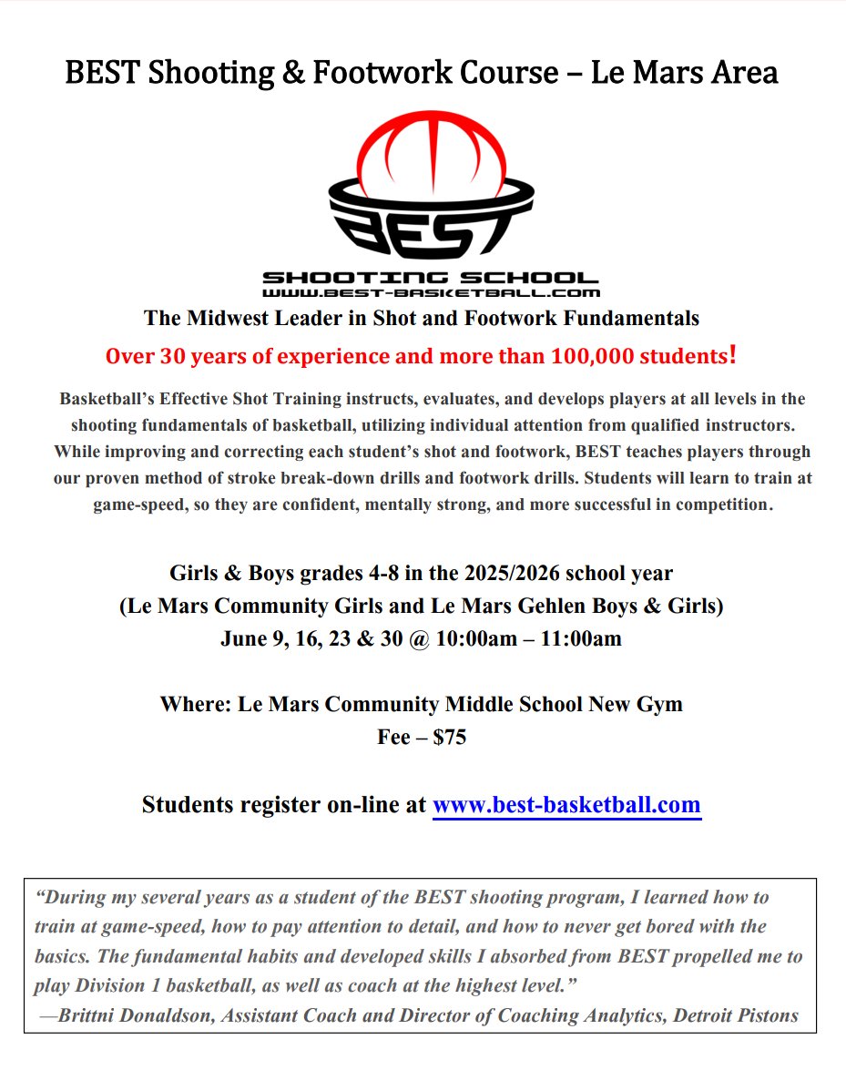 Le Mars Area BEST Shooting and Footwork Summer Course!