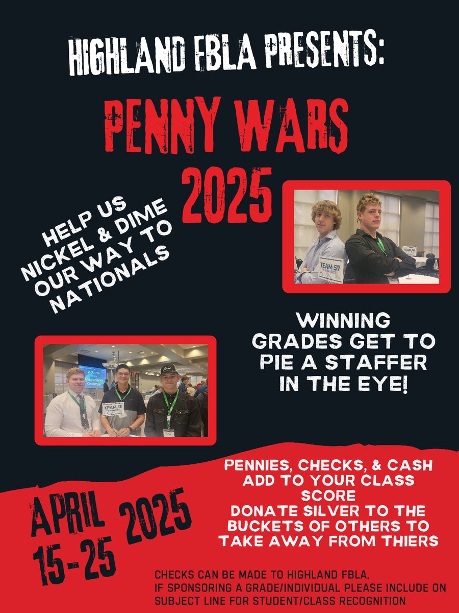 🎉 Hey Husky Nation! Help our FBLA Team raise funds for Nationals this summer! The winning class gets to Pie a Staffer in the Eye! 🥧 Who's ready to support? Go Huskies! 💪 #HuskyNation #FBLA

Facebook