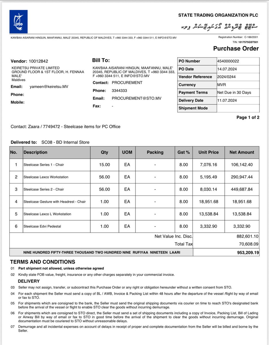HKurusee's tweet photo. Update

It doesn’t end there. Largest SOE in Maldives, STO decided to buy 175 chairs from abroad also through Keiretsu. This is new. This is a break from STO’s tradition of buying directly from manufacturer.

Total price: 2,363,260 MVR
Quantity: 323
Avg Price/chair: 7,316 MVR

These are inflated prices.