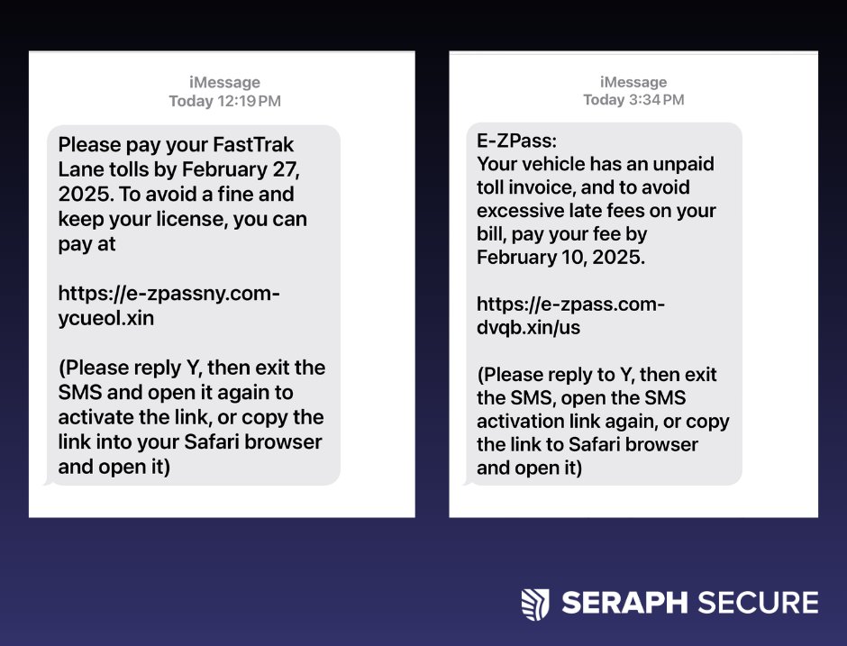 Have you gotten a text like this?

Scammers are sending fake text messages claiming you owe money for an unpaid toll. 
⚠️ DON’T CLICK! Legitimate toll agencies don’t demand payment via text.
Verify directly with your toll provider 
#StopScams #TollScam #SeraphSecure
