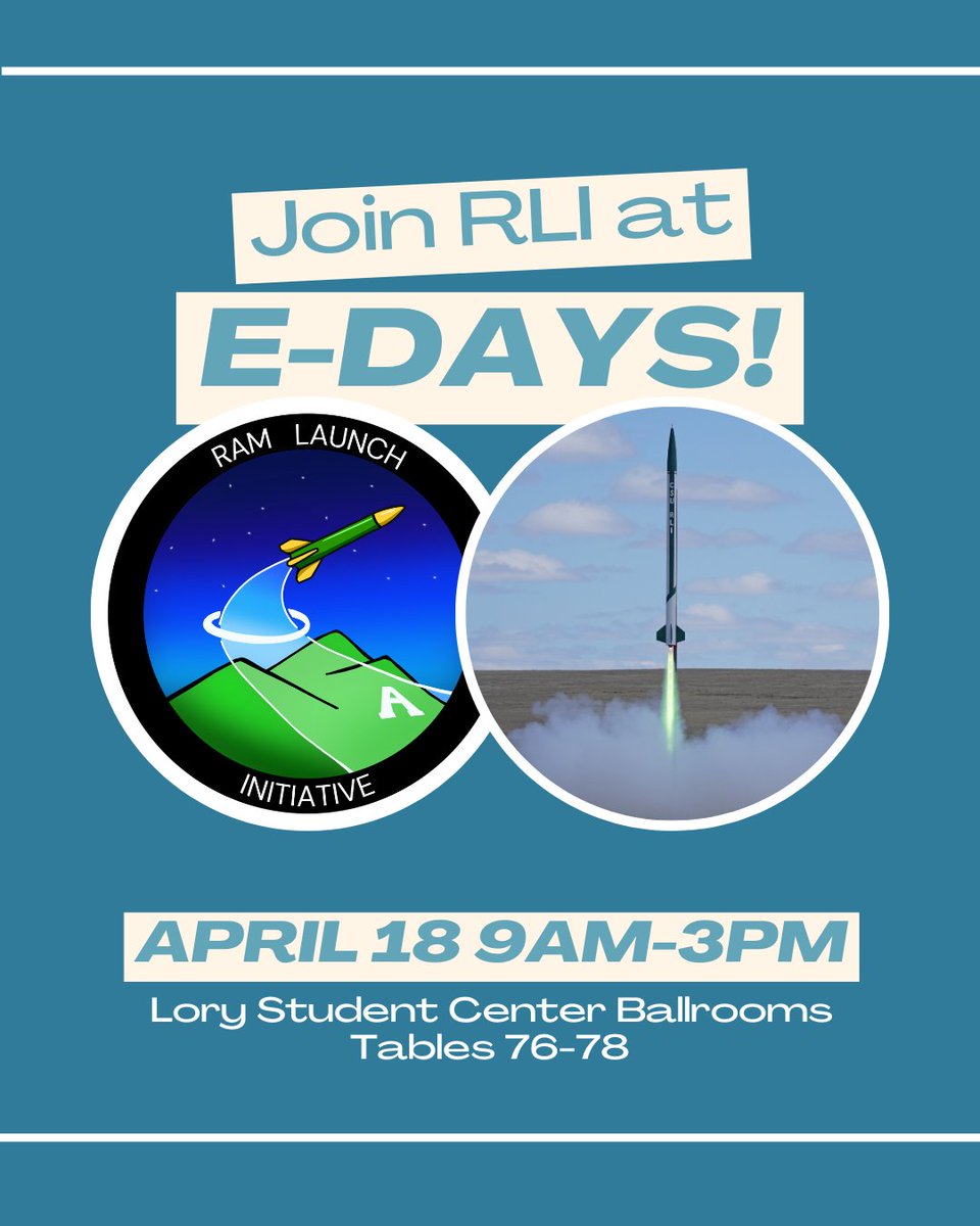 CSU_USLI's tweet image. Join us for E-Days at CSU!
The Ram Launch Initiative team will be showcasing all of our rockets at the Senior Design Showcase this Friday from 9 AM–3 PM in the Lory Student Center Ballrooms (Tables 76–78)!
This event is FREE and open to the public — we’d love to see you there!