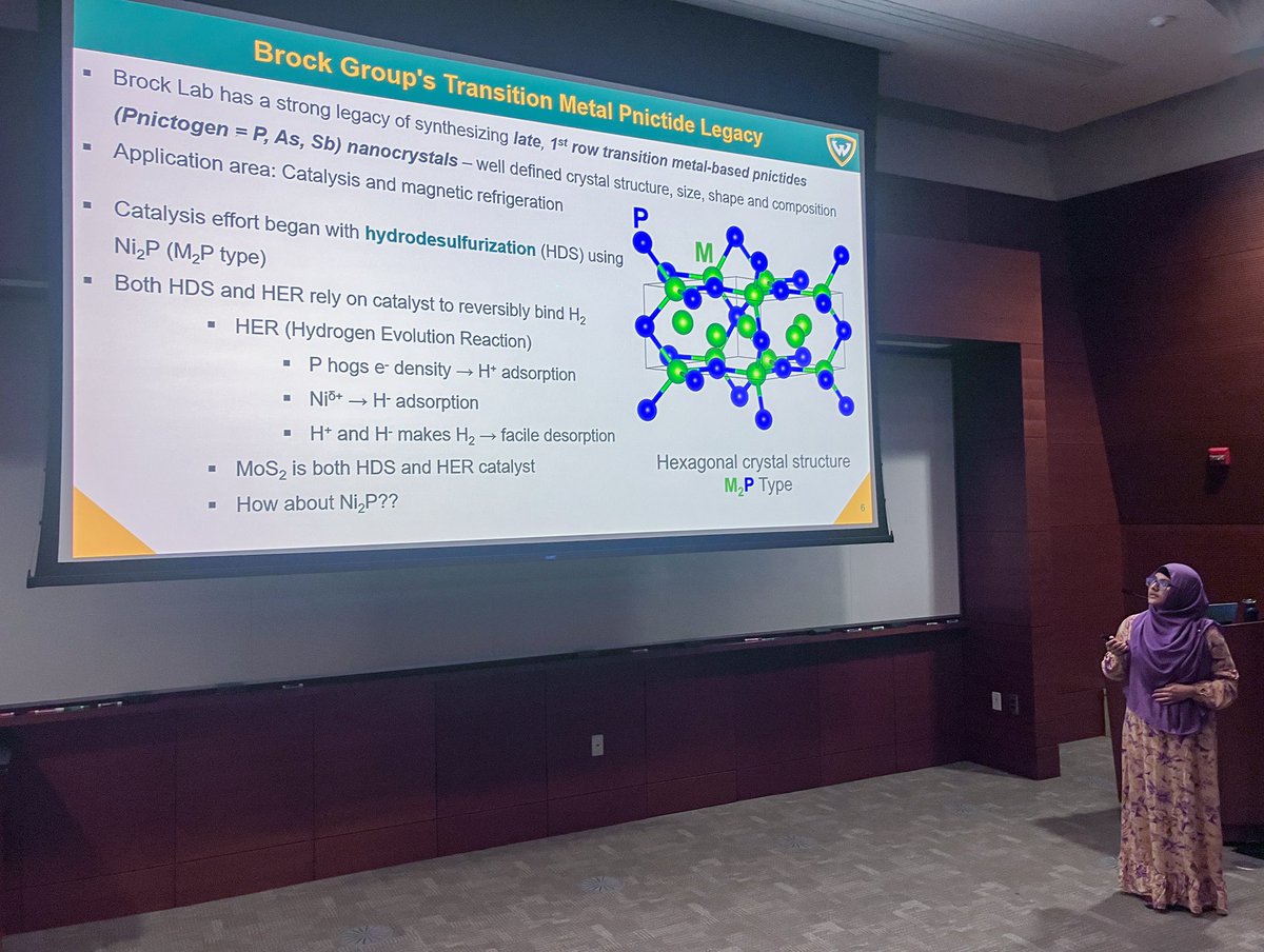 Faria Sultana, of the Brock Group, is one step closer to her PhD after giving her 4th year talk on: "Ternary and Quaternary Phosphide Nanocrystals Synthesis: Exploring Potential Electrocatalysts For Water Splitting" at #wsuchemistry. Congratulations, Faria! #NextStopPhD