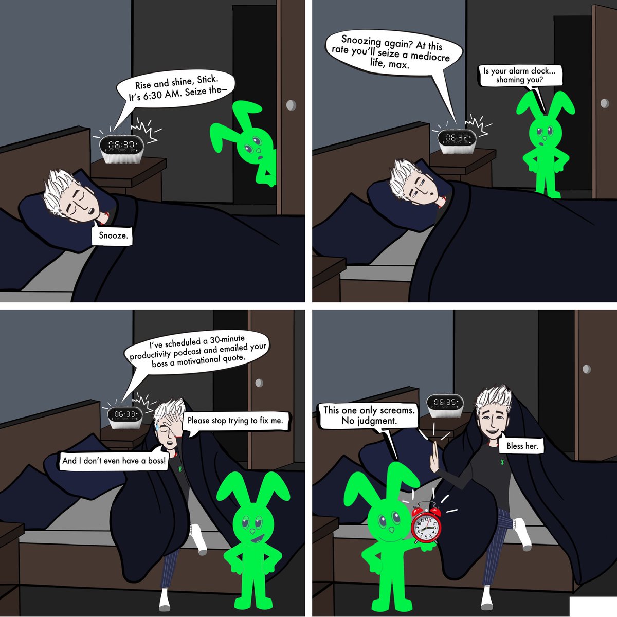 The AI Alarm Clock 
When your alarm clock is more motivated than you—and also kinda judgy. 😂😂 

#donthategreat
#TheStickChronicles #gfb #Comics #Comic #AI #Meme #Memes
