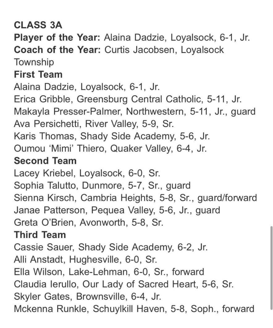 Congratulations go out to Dunmore’s Sophia Talutto who has been selected to the 2025 Pennsylvania Sports Writers All-State Girls 🏀 Second Team for leading the Lady Bucks to a state quarterfinal playoff appearance this past winter.  #BeGreatForSonny #LetsGoLBs ❤️💙🦌🏀