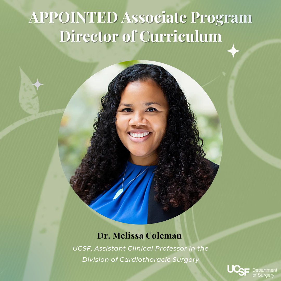 UCSF Surgery (@ucsfsurgery) on Twitter photo ‼️It's our pleasure to share that Dr. <a href="/MelissaHColeman/">Melissa Coleman</a>, a Cardiothoracic Surgeon (<a href="/UCSFCTSurgery/">UCSF Cardiothoracic Surgery</a>) in our Department, has been appointed Associate Program Director of Curriculum in our General Surgery Residency Program <a href="/UCSFGSResidency/">UCSF GS Residency</a> 🥳🥳 ‼️It's our pleasure to share that Dr. <a href="/MelissaHColeman/">Melissa Coleman</a>, a Cardiothoracic Surgeon (<a href="/UCSFCTSurgery/">UCSF Cardiothoracic Surgery</a>) in our Department, has been appointed Associate Program Director of Curriculum in our General Surgery Residency Program <a href="/UCSFGSResidency/">UCSF GS Residency</a> 🥳🥳