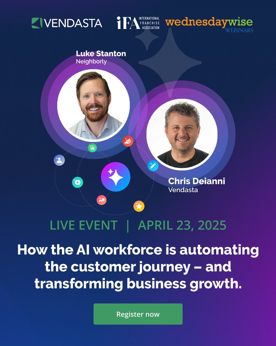 Vendasta (@vendasta) on Twitter photo Franchisors: Unlock the power of AI for growth. Join our webinar to discover how to automate your customer journey and never miss a lead. Register now: 1l.ink/LWB7W8N Franchisors: Unlock the power of AI for growth. Join our webinar to discover how to automate your customer journey and never miss a lead. Register now: 1l.ink/LWB7W8N
