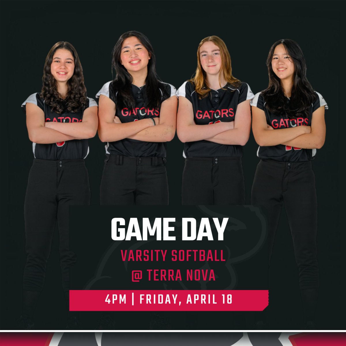 📣 Game Day 📣  
📅 Friday, April 18

🥍 Varsity Lacrosse vs Menlo School
🕓 4:00 PM
📍 Menlo School

🥎 Softball vs Terra Nova
🕓 4:00 PM
📍 Terra Nova

📅 Saturday, April 19
🏃‍♀️ Varsity Track (Top 8 Invitational) 
📍 Los Gatos HS

🐊🔥 #GoGators