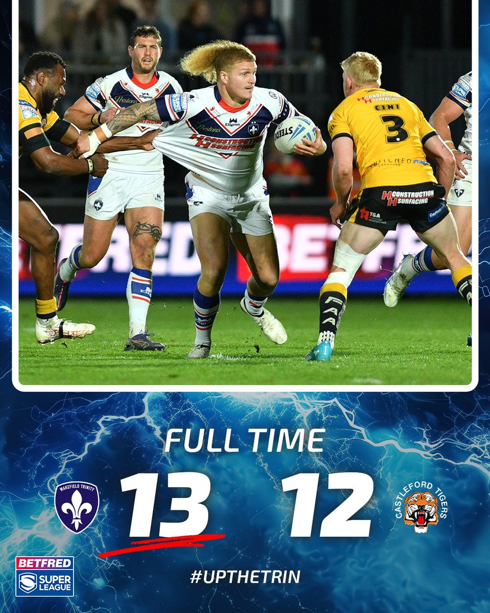 WTrinityRL's tweet photo. FULL TIME: Wakefield Trinity 13-12 Castleford Tigers

Mason Lino wins the game with a drop goal to claim the first Trinity win at Belle Vue in 12 years!!

#UpTheTrin https://t.co/OJ5dpjCQ4Y