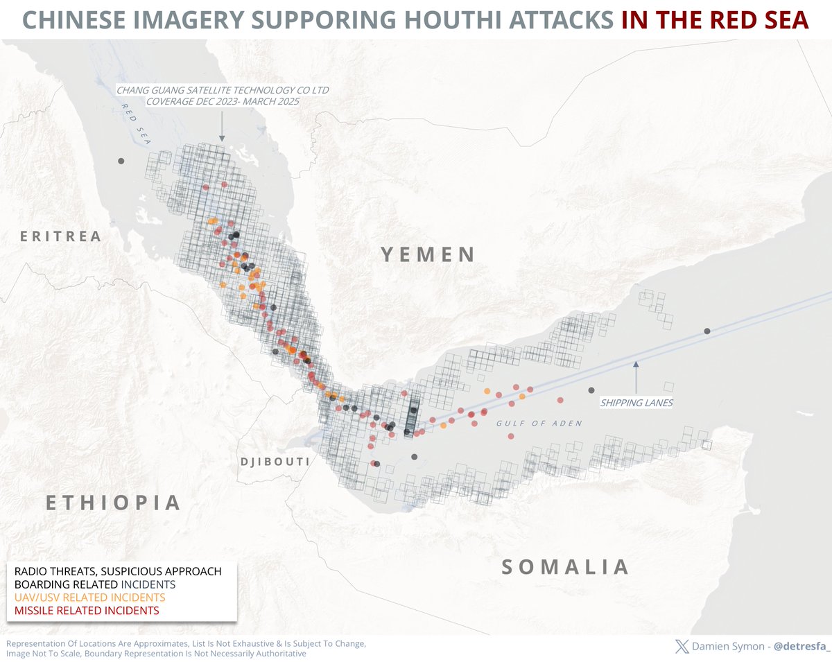 detresfa_'s tweet image. Media reports indicate a Chinese satellite company is supplying the Houthis with imagery to target vessels in the Red Sea, here's an image overlaying the company's satellite imagery coverage in the area along with reported incidents since Dec 2023 (*not synced by date)