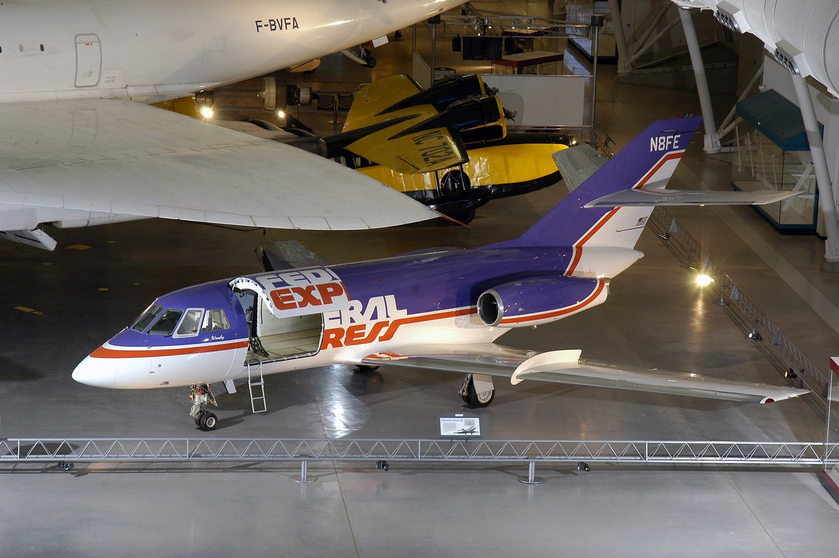 On this day in 1973, FedEx delivered its first air package, creating a new category of airline: the exclusive air express carrier. That moment in air transport history took place in this Dassault Cargo Falcon 20, on display at the Udvar-Hazy Center in Virginia.