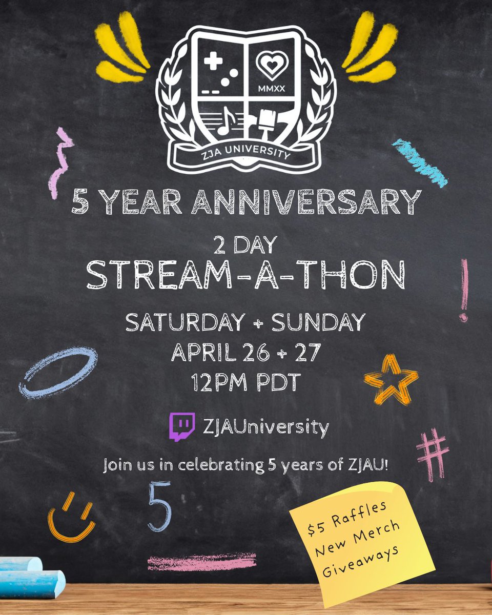 ZJAUniversity's tweet image. Good morning! ZJA University is happy to announce that we are going to be celebrating our 5th anniversary as a team with a streamathon next weekend! There will be a raffle for a merch giveaway (new merch mind you 👀) and lots of fun content! Hope to see you guys in chat 😄
