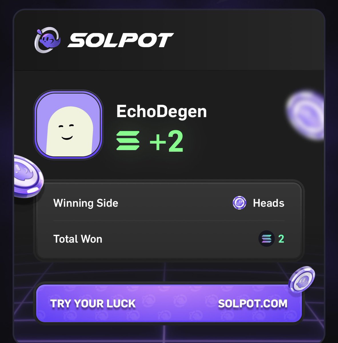 Just hit 2 SOL on SOLPOT easy luck 🗿

Amazing platform, Casino vibes on Solana with coin flips &amp; jackpots.

You can win too, Must use my code echo22 for a free Solana case (win up to 10 SOL)!

Play now: solpot.com/r/echo22