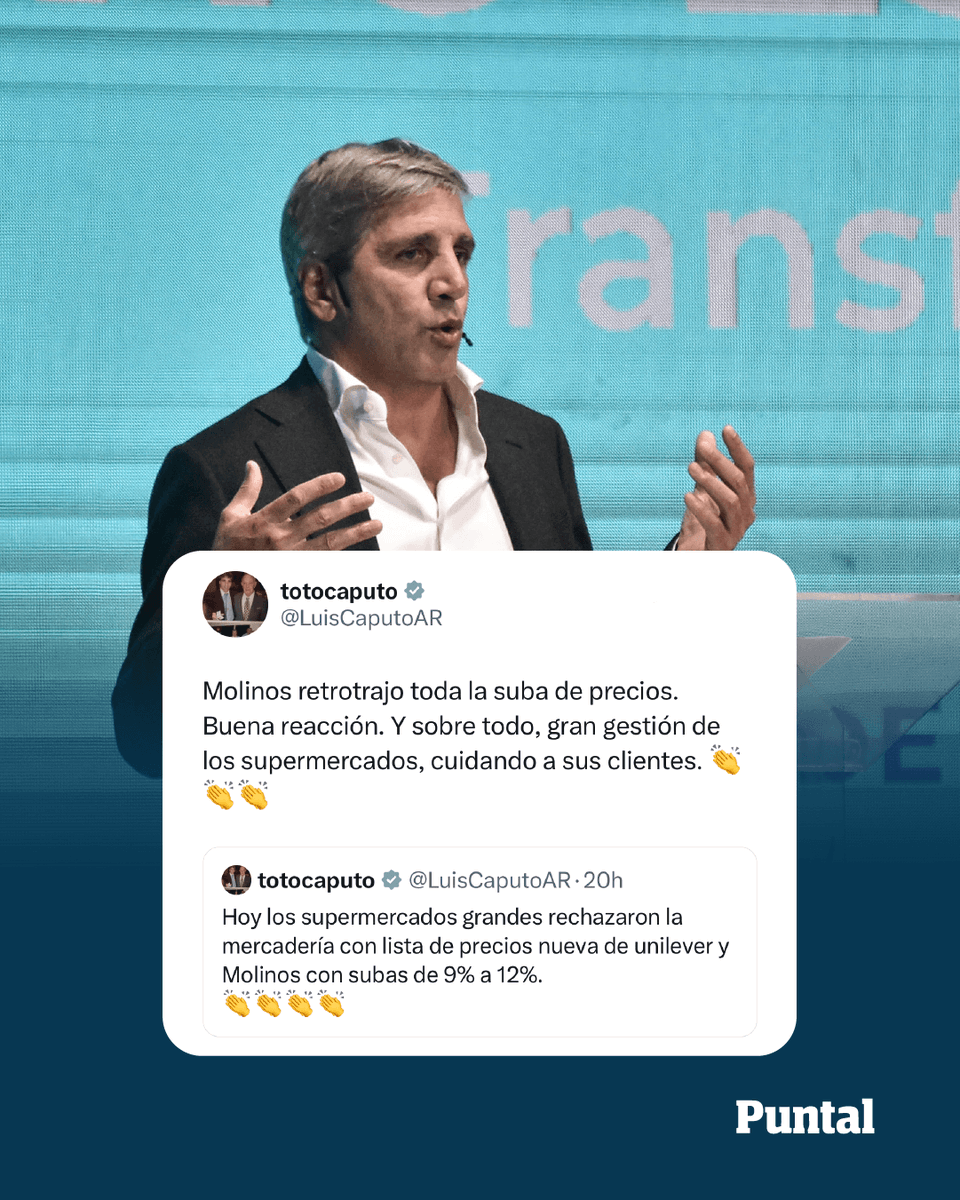DiarioPuntal's tweet image. 🗣️#Caputo celebró que #Molinos diera marcha atrás con la suba de precios

🛒El ministro aseguró que se anularan los #aumentos previstos por la empresa para sus productos. Los aumentos habían sido rechazados por #supermercados.

🌐puntal.com.ar
