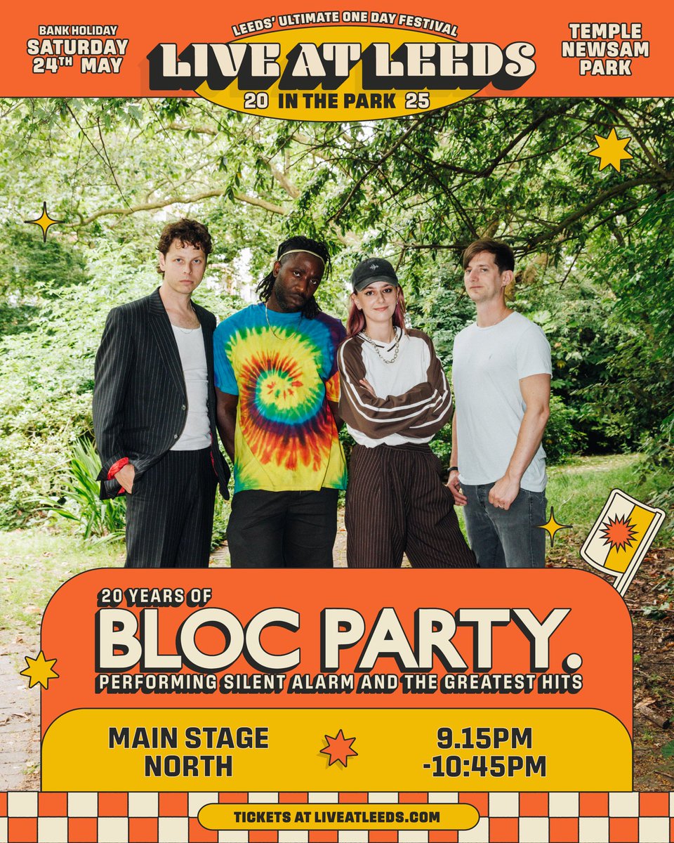 Bloc Party (@blocparty) on Twitter photo Good news! Weāre on the main stage at 9:15pm, so youāve got plenty of time to make it over from Dave Mastermanās set - see you soon <a href="/liveatleedsfest/">Live at Leeds</a> Good news! Weāre on the main stage at 9:15pm, so youāve got plenty of time to make it over from Dave Mastermanās set - see you soon <a href="/liveatleedsfest/">Live at Leeds</a>