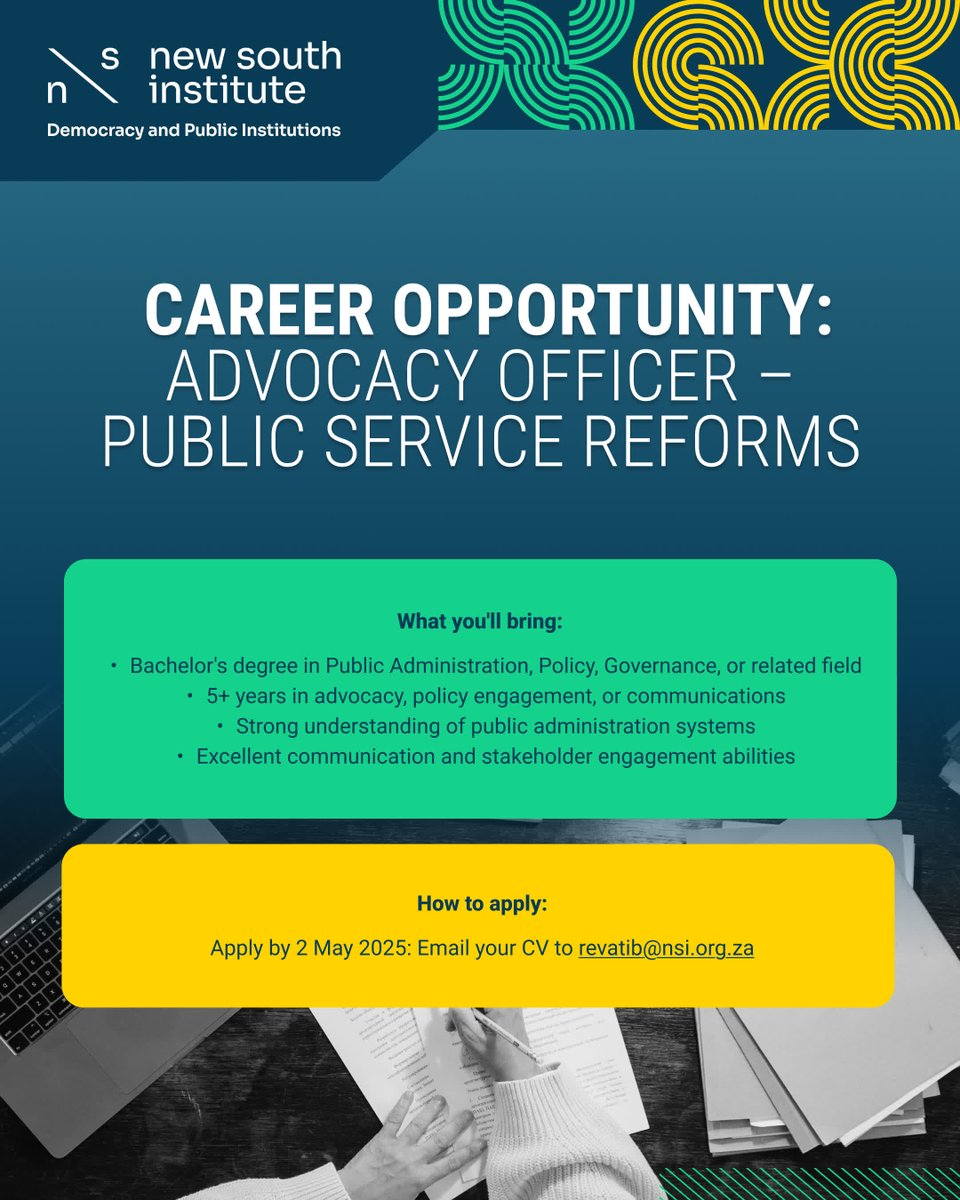 New South Institute (NSI) (@the_nsi) on Twitter photo JOB ALERT: Advocacy Officer at New South Institute
Drive change in SA's public sector. 6-month contract, JHB.
Requires: Degree, 5+ yrs in advocacy/policy
Apply by 2 May: bit.ly/42kftBz JOB ALERT: Advocacy Officer at New South Institute
Drive change in SA's public sector. 6-month contract, JHB.
Requires: Degree, 5+ yrs in advocacy/policy
Apply by 2 May: bit.ly/42kftBz