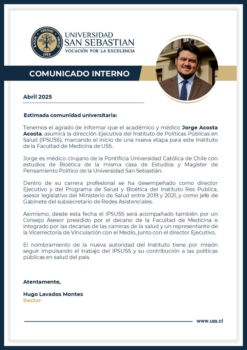 Muy contento con este nuevo desafío. Es una gran responsabilidad y un honor liderar un equipo extraordinario, profesional y humano. Desde la universidad seguiremos haciendo aportes para las políticas públicas en salud, que mejoren la atención de todos los chilenos.