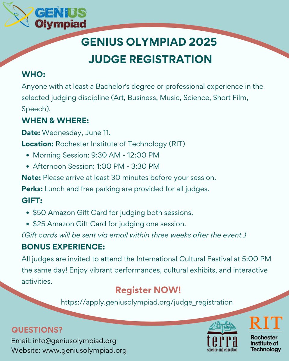 Join us at the GENIUS Olympiad 2025 — an international environmental competition hosted at RIT on June 11! 🎓Do you have a Bachelor’s degree or professional experience in Art, Business, Music, Science, Short Film, or Speech? Then we’d love to have you on board as a judge!