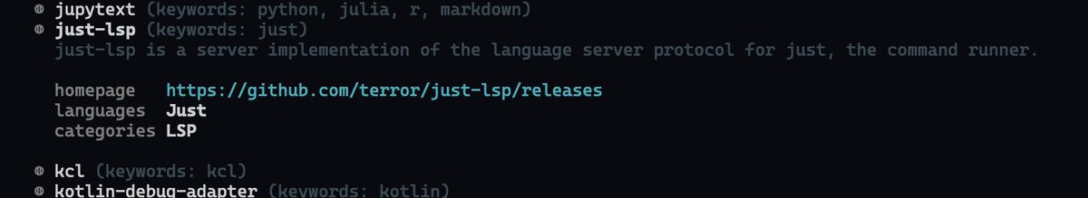 liam (@436) on Twitter photo My language server for `just` is now in mason (github.com/williamboman/m…) 🎉
It's now super easy to install from within Neovim
Check it out here github.com/terror/just-lsp / previous thread x.com/436/status/190… My language server for `just` is now in mason (github.com/williamboman/m…) 🎉
It's now super easy to install from within Neovim
Check it out here github.com/terror/just-lsp / previous thread x.com/436/status/190…