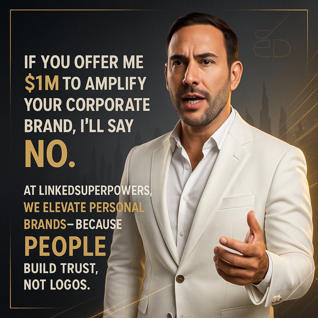 💥 If you come to me with $1 million and ask me to amplify your corporate brand, I’ll say no.

Not because we don’t value business. 

But because at 𝗟𝗶𝗻𝗸𝗲𝗱𝗦𝘂𝗽𝗲𝗿𝗣𝗼𝘄𝗲𝗿𝘀, we believe something far more powerful drives trust, influence, and opportunities: