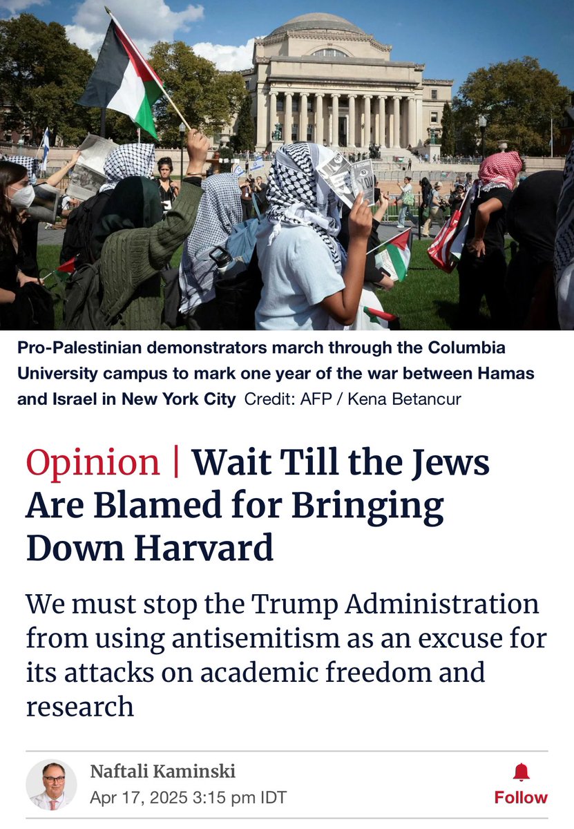 Naftali Kaminski (@kaminskimed) on Twitter photo My column in <a href="/haaretzcom/">Haaretz.com</a> is out!
The Trump Administration is not weaponizing antisemitism to suppress pro-Palestinian voices. They are weaponizing it to destroy academia.
And when they succeed, they will blame us, the Jews”
#Antisemitism
#NotInOurName
haaretz.com/opinion/2025-0… My column in <a href="/haaretzcom/">Haaretz.com</a> is out!
The Trump Administration is not weaponizing antisemitism to suppress pro-Palestinian voices. They are weaponizing it to destroy academia.
And when they succeed, they will blame us, the Jews”
#Antisemitism
#NotInOurName
haaretz.com/opinion/2025-0…