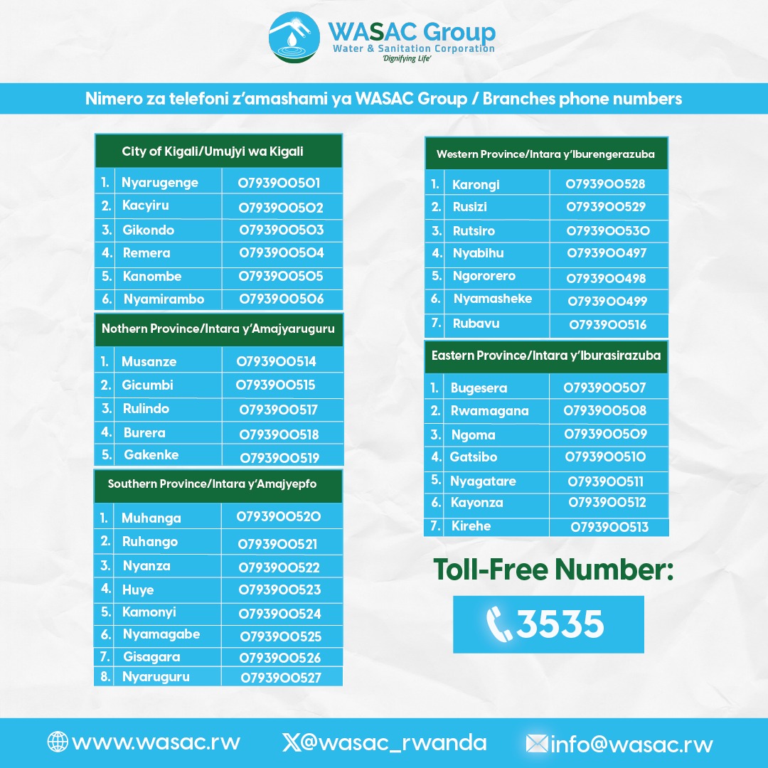 Water and Sanitation Corporation Group |Rwanda (@wasac_rwanda) on Twitter photo <a href="/kangoro234/">🇸🇸</a> <a href="/CityofKigali/">City of Kigali</a> <a href="/KanombeSector/">Kanombe Sector</a> <a href="/KicukiroDistr/">Kicukiro District</a> <a href="/oswaki/">Oswald Oswakim</a> <a href="/ScoviaMutesi/">MUTESI SCOVIA</a> Hello?
We don't have a general water problem in that area.Please share your contacts with us or call Kanombe Branch for assistance. <a href="/kangoro234/">🇸🇸</a> <a href="/CityofKigali/">City of Kigali</a> <a href="/KanombeSector/">Kanombe Sector</a> <a href="/KicukiroDistr/">Kicukiro District</a> <a href="/oswaki/">Oswald Oswakim</a> <a href="/ScoviaMutesi/">MUTESI SCOVIA</a> Hello?
We don't have a general water problem in that area.Please share your contacts with us or call Kanombe Branch for assistance.