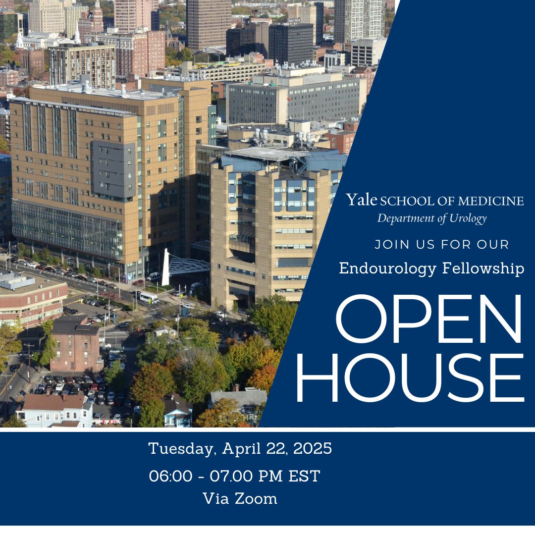 Yale Urology (@yale_urology) on Twitter photo Want to learn more about our #endourology #fellowship program?
Join us NEXT Tuesday, April 22, at 6 p.m., for our virtual open house! Current faculty and fellowship alumni will share their experiences and career trajectories.
Email michelle.j.ross@yale.edu for the Zoom link! Want to learn more about our #endourology #fellowship program?
Join us NEXT Tuesday, April 22, at 6 p.m., for our virtual open house! Current faculty and fellowship alumni will share their experiences and career trajectories.
Email michelle.j.ross@yale.edu for the Zoom link!