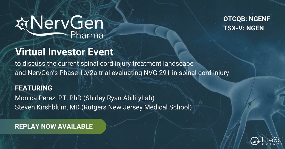 ICYMI: @Nervgen $NGEN $NGENF hosted a virtual investor event with Dr. Perez and Dr. Kirshblum to discuss the unmet medical need and current treatment landscape for individuals with spinal cord injury.

Watch here: bit.ly/42o06qD
