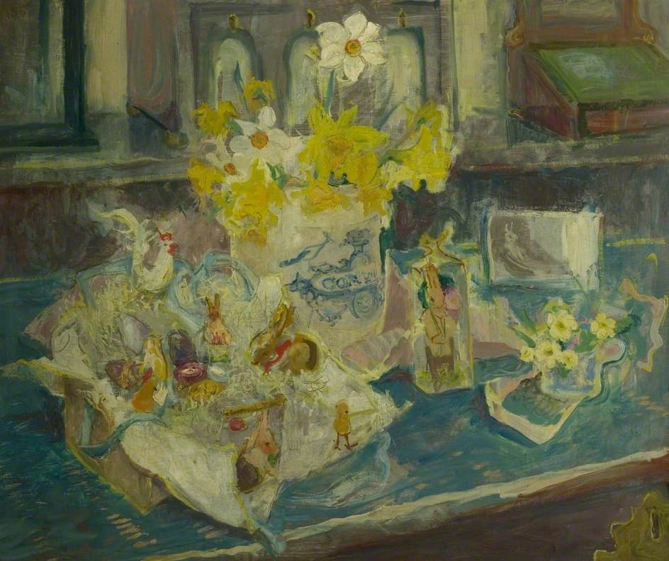 Thanks for a great Easter #OnlineArtExchange 💗🐰

Next week's theme is rural for Winifred Nicholson: Cumbrian Rag Rugs at <a href="/TullieCarlisle/">Tullie</a>

'Easter Parcel' by Margaret Thomas (1916–2016) © the artist's estate. 📷 <a href="/SouthendMuseums/">Southend Museums</a>