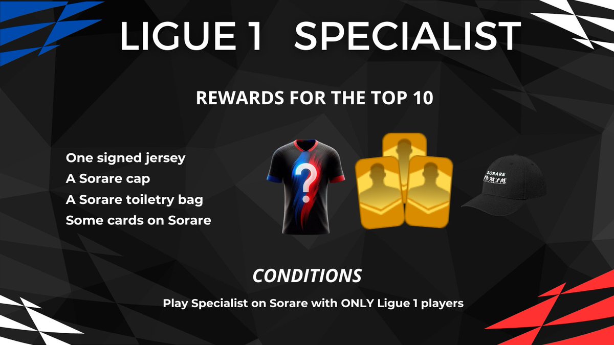 Do you like the <a href="/Sorare/">Sorare</a> Specialist Competition and the Ligue 1 championship? IRL’s reward👕and Sorare cards? 

Dive in our competition "LIGUE 1 SPECIALIST"

Follow <a href="/Sorare/">Sorare</a>ClubFR and @Sorare
RT 🔄 
Comment your Sorare name 
Play with 5 Ligue 1 players in the Specialist competition