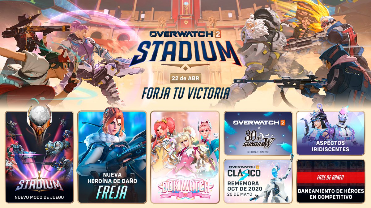 Prepárate para forjar tu victoria en Estadio 🏟️

🏆 Nuevo modo de juego: Estadio
💥 Nueva heroína de daño: Freja
💞 Diseño mítico de Juno y DokiWatch
🚫 Exclusiones de héroes competitivos

Descubre todo esto y más cuando llegue la temporada 16 el 22 de abril 🔥
