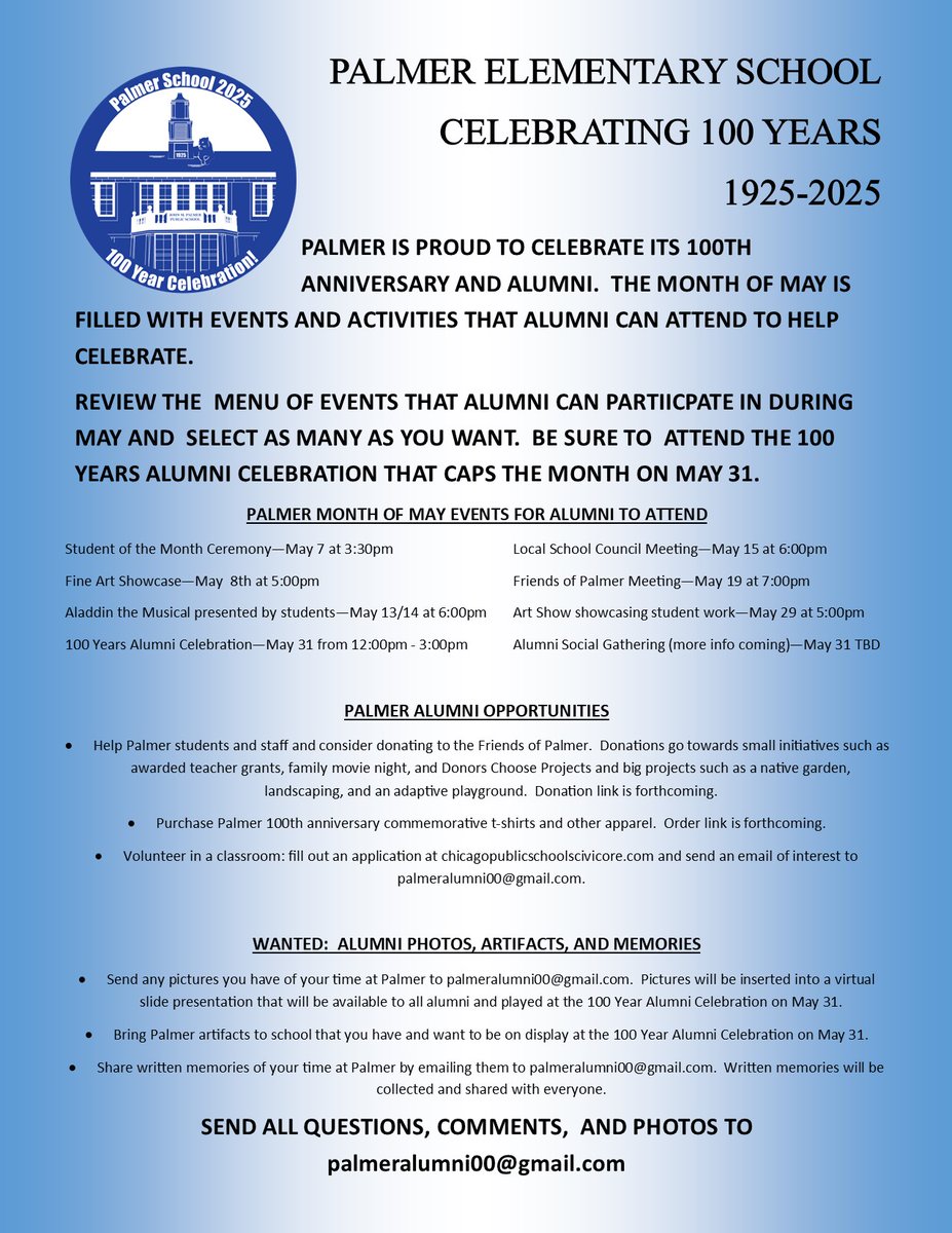 Calling all Palmer alumni!  Palmer is celebrating 100 years!