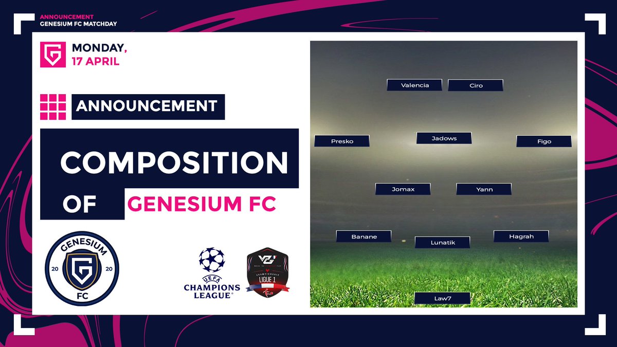 Genesium FC β½οΈ (@genesiumfc) on Twitter photo ππππππππ β½οΈ
ποΈ 17 Avril
π <a href="/VPGFrance_/">VPG France</a>β’ L1 π«π·
π <a href="/Virtus_CP/">Virtus Gaming</a>
π <a href="/SymphonyProClub/">LWG Symphony</a>
π <a href="/OfficialVPG/">Virtual Pro Gaming</a>β’ LDC
π <a href="/SymphonyProClub/">LWG Symphony</a>
ποΈ 21H20 β’ twitch.tv/GenesiumFC
<a href="/TeamGenesium/">Genesium</a> @AguiasCP #WhereItBegins πΎ ππππππππ β½οΈ
ποΈ 17 Avril
π <a href="/VPGFrance_/">VPG France</a>β’ L1 π«π·
π <a href="/Virtus_CP/">Virtus Gaming</a>
π <a href="/SymphonyProClub/">LWG Symphony</a>
π <a href="/OfficialVPG/">Virtual Pro Gaming</a>β’ LDC
π <a href="/SymphonyProClub/">LWG Symphony</a>
ποΈ 21H20 β’ twitch.tv/GenesiumFC
<a href="/TeamGenesium/">Genesium</a> @AguiasCP #WhereItBegins πΎ