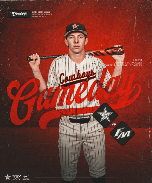 Gameday!!
The Cowboys will host the Flower Mound Jaguars tonight at Cowboy Field in another important district matchup. First pitch is 7 PM.

JV Red will be home against the Jaguars starting at 4:15, and JV Black will be at Flower Mound at 5. Go Cowboys!!

#NextManUp
#CFND