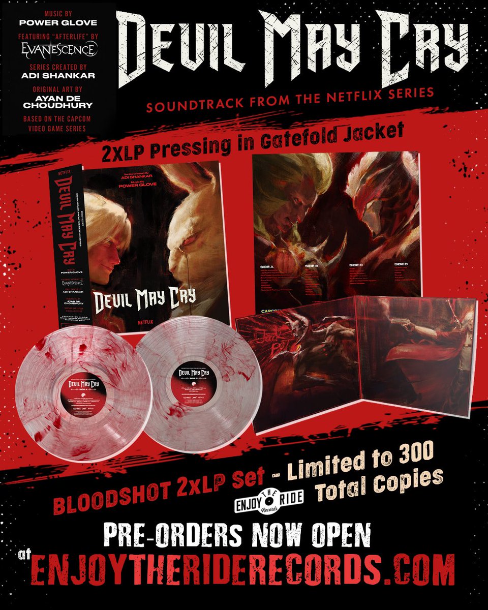 EnjoytherideRES's tweet photo. Pre-Orders Open at https://t.co/KZZge31tJV: @DevilMayCry – Soundtrack from the @netflix Series 2xLP, with music by @powergloveaudio, plus  “Afterlife” performed by @evanescence. original artwork by @AyanDeChoudhury. Series From @CapcomUSA_, led by @adishankarbrand. #DevilMayCry https://t.co/bkaCc8stwt