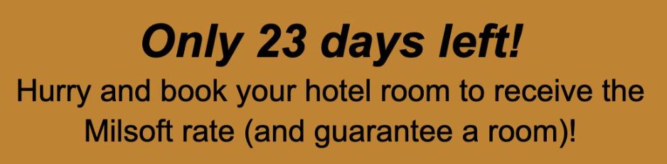 milsoft's tweet image. Hurry up and book your room for the 2025 @milsoft Users Conference!

Book by Friday, May 9th, to receive the hotel rate and be guaranteed a room!

shorturl.at/eYu3q