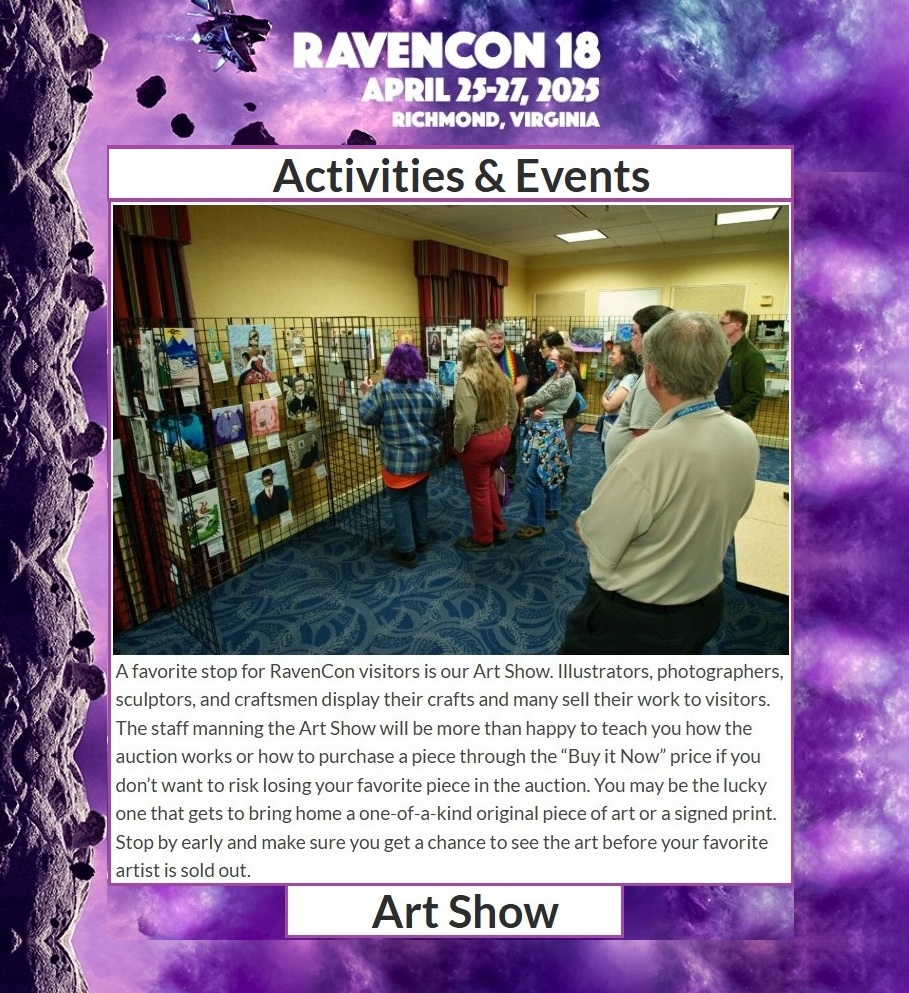RavenCon's tweet image. RavenCon 18: April 25-27, 2025
ravencon.com

#RavenCon #Conventions #Cosplay #Poe #EdgarAllanPoe #ScienceFiction #RVA #Fantasy #Horror #UrbanFantasy #Science #Richmond #Nevermore #Artists #Authors #Writers #Virginia #Fandom #FandomFun #GeekLife #Gaming