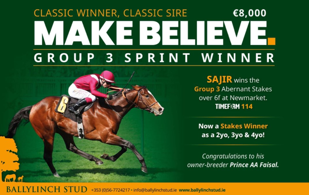 TDN (@thetdn) on Twitter photo Group 3 Sprint Winner for <a href="/BallylinchStud/">BallylinchStud</a> stallion MAKE BELIEVE as Sajir wins the G3 Abernant Stakes over 6f at Newmarket 🏆 Now a SW at 2, 3 and 4. Group 3 Sprint Winner for <a href="/BallylinchStud/">BallylinchStud</a> stallion MAKE BELIEVE as Sajir wins the G3 Abernant Stakes over 6f at Newmarket 🏆 Now a SW at 2, 3 and 4.