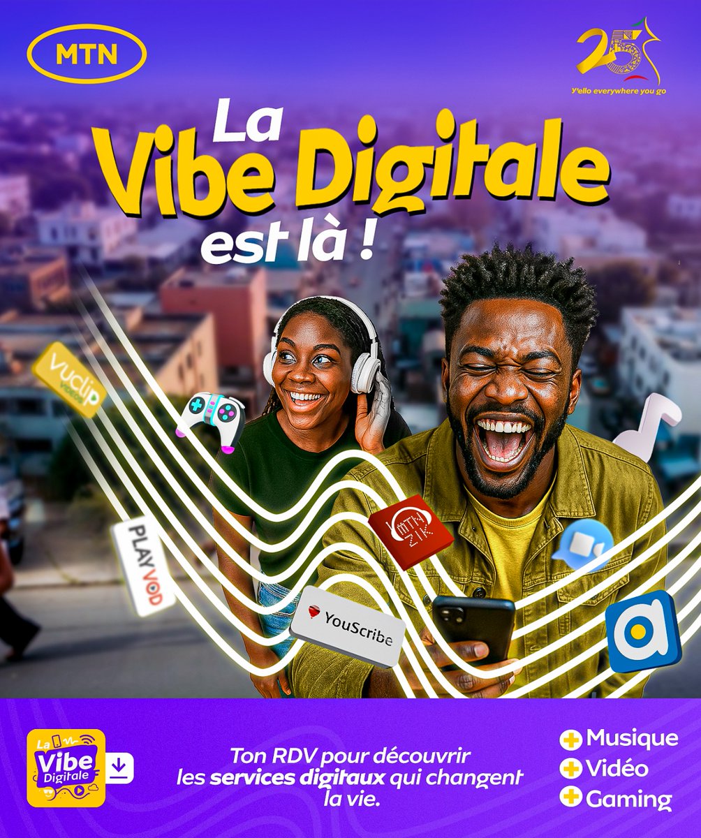 ÇA SE PASSE ICI 🥳

Pour ses 25 ans, MTN t’offre le meilleur du digital en un clic : musique, vidéos, gaming… tout ce que tu kiffes 💥

Retrouve la Vibe Digitale &amp; let’s vibe ensemble. 😎

#25YearsOfAuthenticConnection