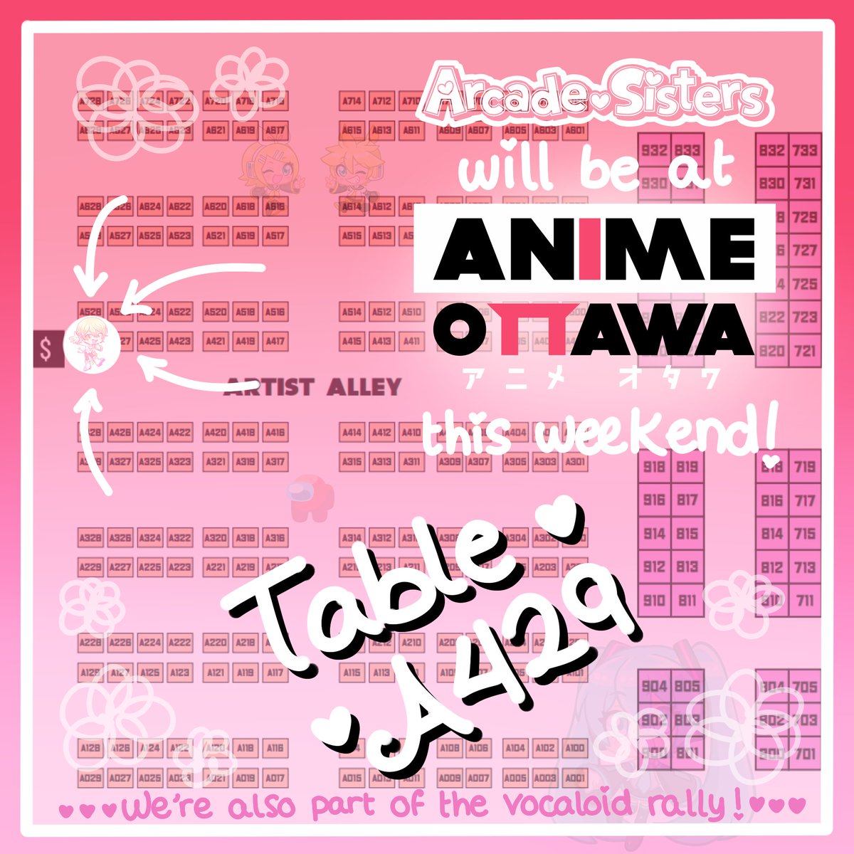 ArcadeSisters's tweet photo. We'll be at Anime Ottawa this weekend! 🌷 Table A429! 🌸 We're also part of the Vocaloid Rally! 🌺 Our prizes are very cute Rin and Len badges! 🌻 https://t.co/ow8O9rxShI