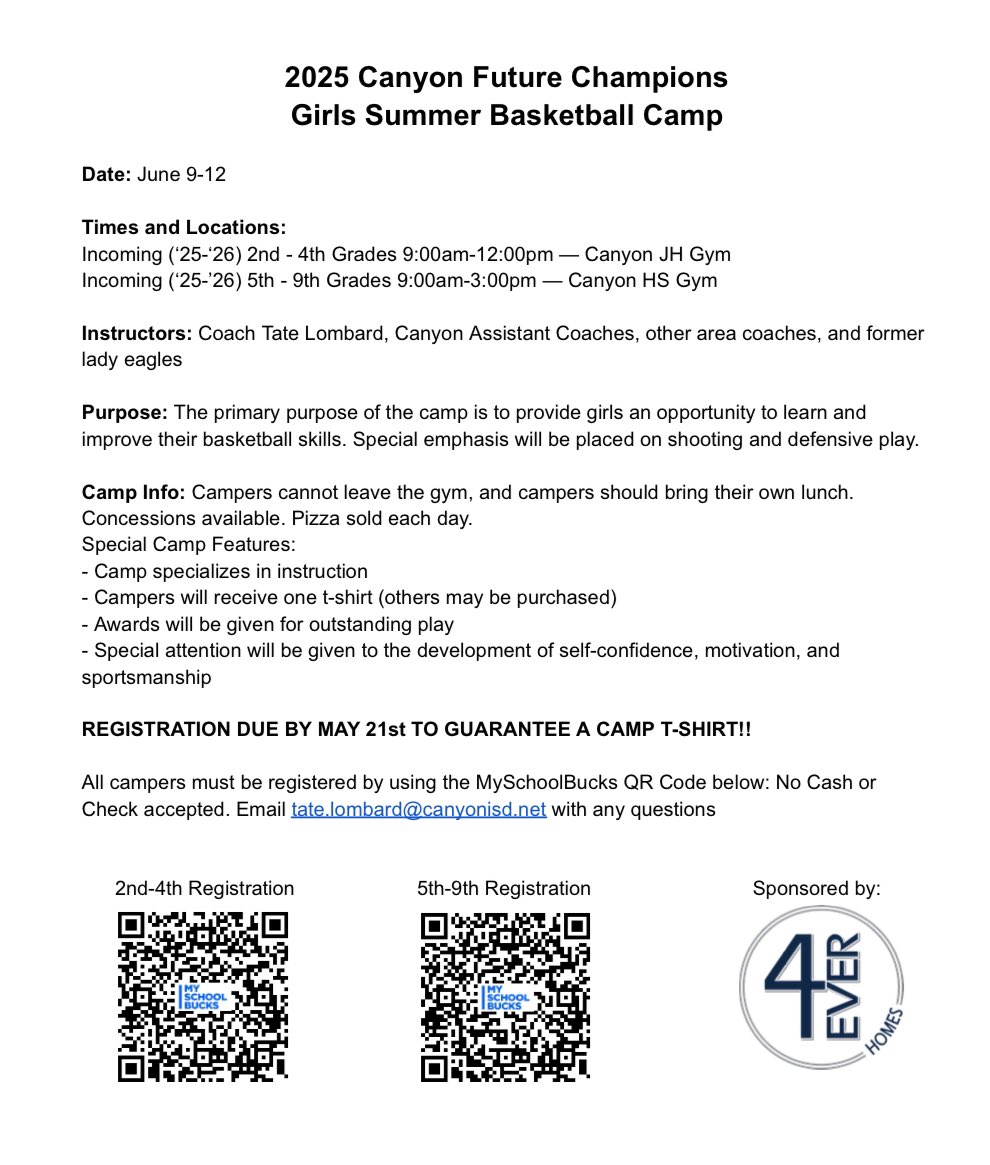Registration is now open for our Canyon Future Champions Camp! All incoming 2nd-9th grade girls b-ball players welcome!